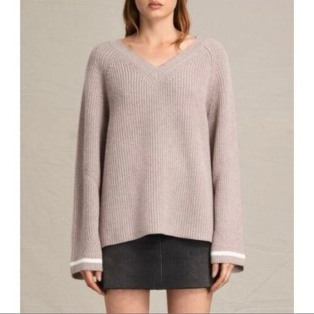 All Saints Sz S Daria Wool Blend Knit Tan V Neck Sweater